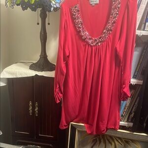 Gold Embellished Relaxed Red 3/4 Sleeve Blouse
